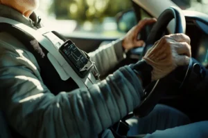 Vue avant d'une LifeVest, un gilet défibrillateur portable, montrant les sangles blanches sur la poitrine et le moniteur noir fixé à la taille