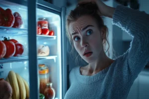 Une jeune femme perplexe devant son réfrigérateur ouvert, observant des aliments givrés tels que des tomates, des bananes et du pain. Son expression montre son doute et son inquiétude quant à la bonne conservation des aliments. L’éclairage froid du réfrigérateur contraste avec l’ambiance plus chaude de la cuisine