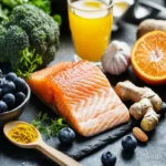 9 aliments bons pour la santé pulmonaire, incluant saumon, myrtilles, curcuma, gingembre, ail, brocoli, oranges, amandes et origan