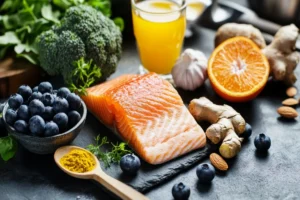 9 aliments bons pour la santé pulmonaire, incluant saumon, myrtilles, curcuma, gingembre, ail, brocoli, oranges, amandes et origan